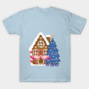 Christmas Gingerbread House Romantic Flamingos T-Shirt